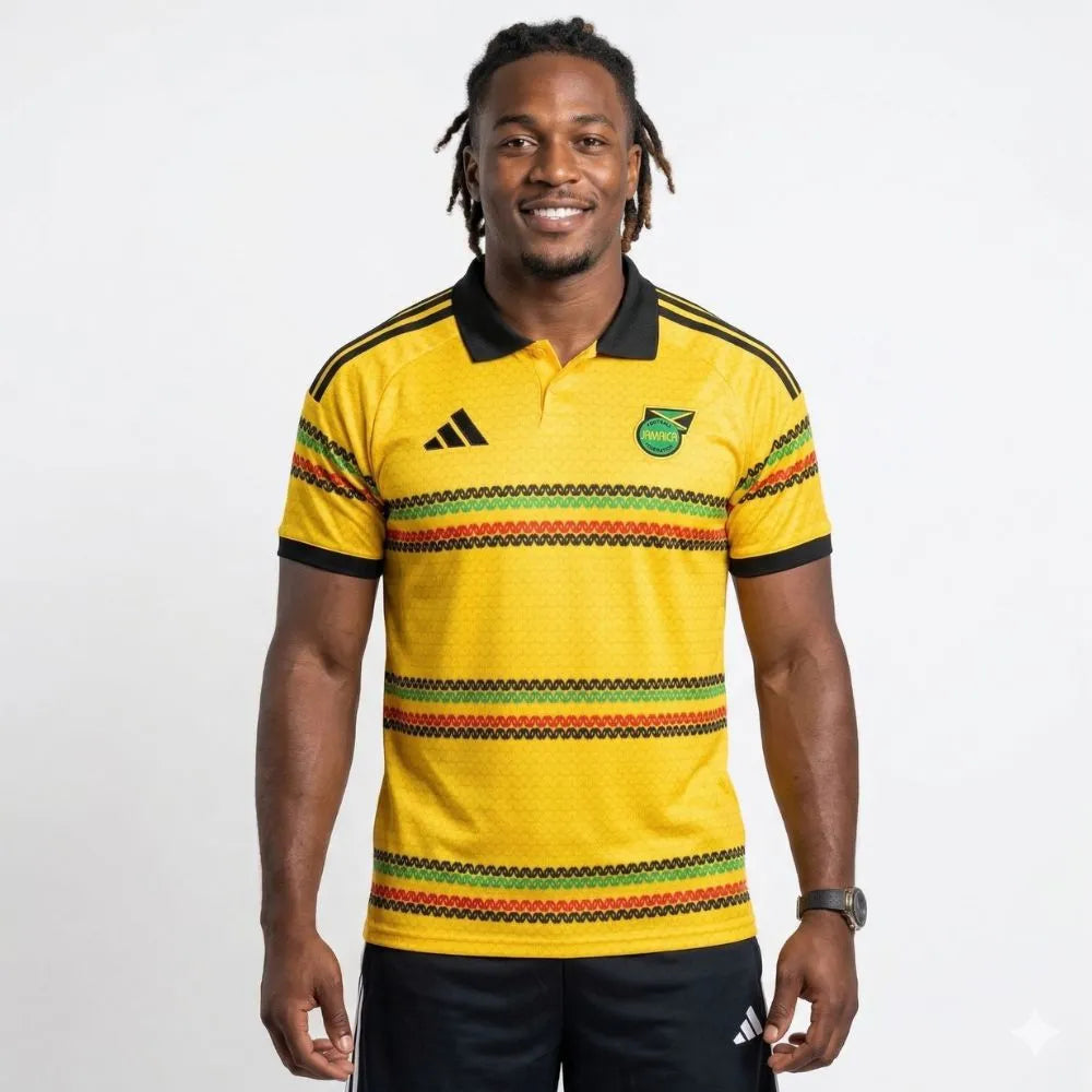Camisa Adidas Jamaica 26/27 Home, , PIQUE DE JOGADOR, A Camisa Adidas Jamaica 26/27 Home representa o uniforme principal da seleção jamaicana para o ciclo da Copa do Mundo de 2026, trazendo um dos designs mais criativos e culturais do futebol atual. Inspirada diretamente na cultura reggae e no legado de Bob Marley, a camisa apresenta uma base em amarelo vibrante com padrões horizontais em verde, vermelho e dourado. Esses elementos fazem referência às cores tradicionais da Jamaica e ao estilo icônico do arti