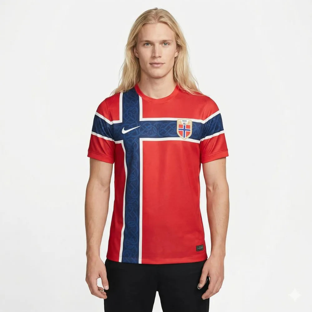 Camisa Nike Noruega 26/27 Home, , PIQUE DE JOGADOR, A Camisa Noruega 2026 Home representa o uniforme principal da seleção da Noruega para o ciclo da Copa do Mundo de 2026, trazendo um design moderno com forte inspiração na identidade nacional do país. O modelo apresenta a tradicional base em vermelho, cor histórica da seleção norueguesa, combinada com uma releitura marcante da bandeira do país. Um grande cruzamento em azul marinho com contornos brancos percorre o peito e o corpo da camisa, criando um visual