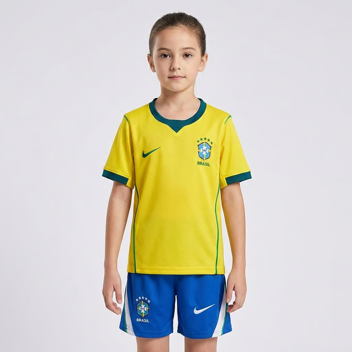 Kit Infantil Feminina Brasil 2026/27 Copa do Mundo I Torcedor, Kit Infantil Brasil Titular 26/27 - Copa do Mundo, PIQUE DE JOGADOR, O Kit Infantil Feminina Brasil 2026/27 Copa do Mundo I Torcedor foi desenvolvido para as pequenas torcedoras que querem vestir as cores da Seleção Brasileira com orgulho e estilo. Inspirado no uniforme principal utilizado pela equipe na temporada 2026/27 e na Copa do Mundo, o conjunto traz o design clássico que representa a tradição do futebol brasileiro. O kit é composto por c