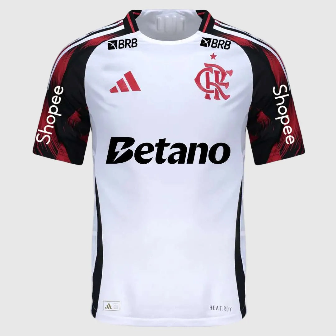 Camisa Adidas Flamengo II 25/26 Jogador, Camisa Futebol, Adidas, Inspirada no mascote do Mengão e feita com materiais reciclados Uma homenagem ao mascote do Flamengo, Urubu. Exibindo detalhes inspirados em penas nas mangas, esta camisa 2 autêntica da adidas vem em tons ousados de branco e preto. Criada para manter os jogadores rápidos, ela combina HEAT.RDY ventilado com tecido leve. O escudo do clube aplicado por calor sobre o coração permite que seu orgulho pelo futebol voe alto. Este produto é 100% feito 