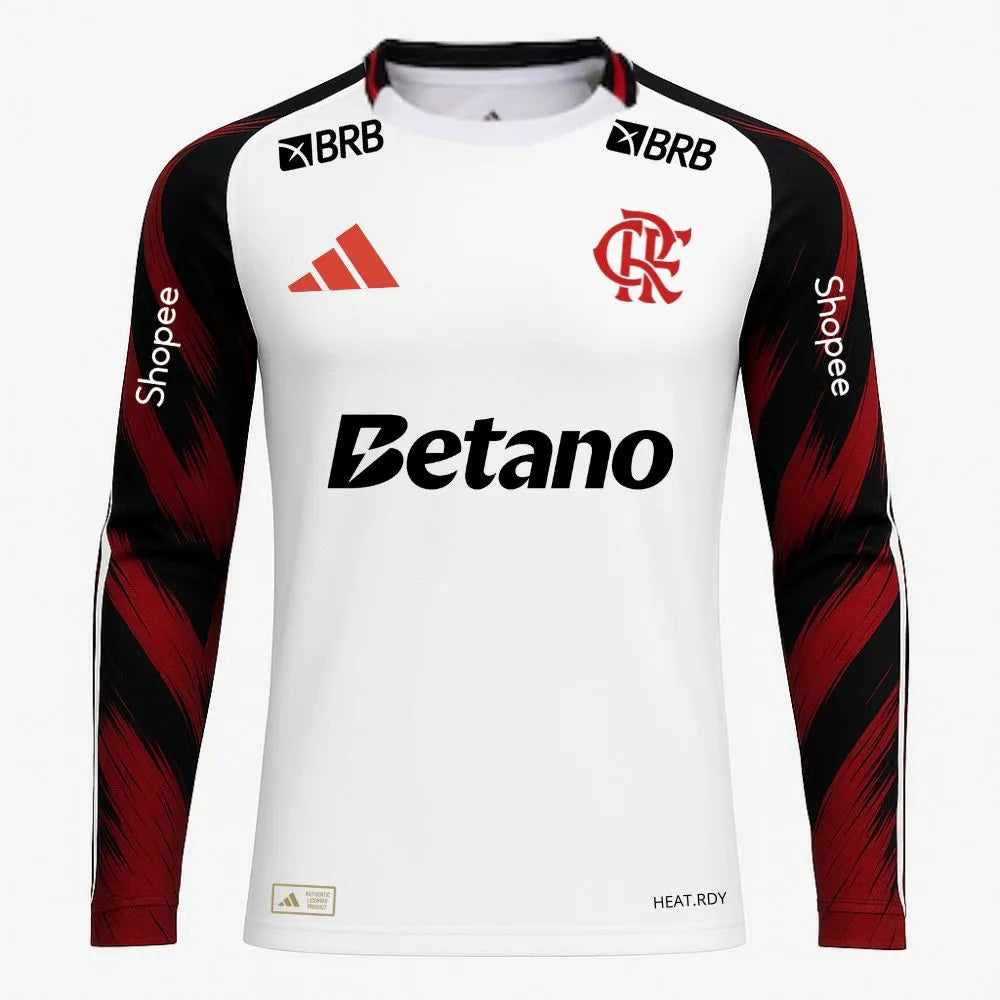 Camisa Adidas Flamengo II 25/26 Jogador Manga Longa, Camisa Futebol, Adidas, Inspirada no mascote do Mengão e feita com materiais reciclados Uma homenagem ao mascote do Flamengo, Urubu. Exibindo detalhes inspirados em penas nas mangas, esta camisa 2 autêntica da adidas vem em tons ousados de branco e preto. Criada para manter os jogadores rápidos, ela combina HEAT.RDY ventilado com tecido leve. O escudo do clube aplicado por calor sobre o coração permite que seu orgulho pelo futebol voe alto. Este produto é