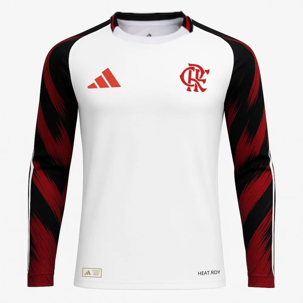 Camisa Adidas Flamengo II 25/26 Jogador Manga Longa, Camisa Futebol, Adidas, Inspirada no mascote do Mengão e feita com materiais reciclados Uma homenagem ao mascote do Flamengo, Urubu. Exibindo detalhes inspirados em penas nas mangas, esta camisa 2 autêntica da adidas vem em tons ousados de branco e preto. Criada para manter os jogadores rápidos, ela combina HEAT.RDY ventilado com tecido leve. O escudo do clube aplicado por calor sobre o coração permite que seu orgulho pelo futebol voe alto. Este produto é