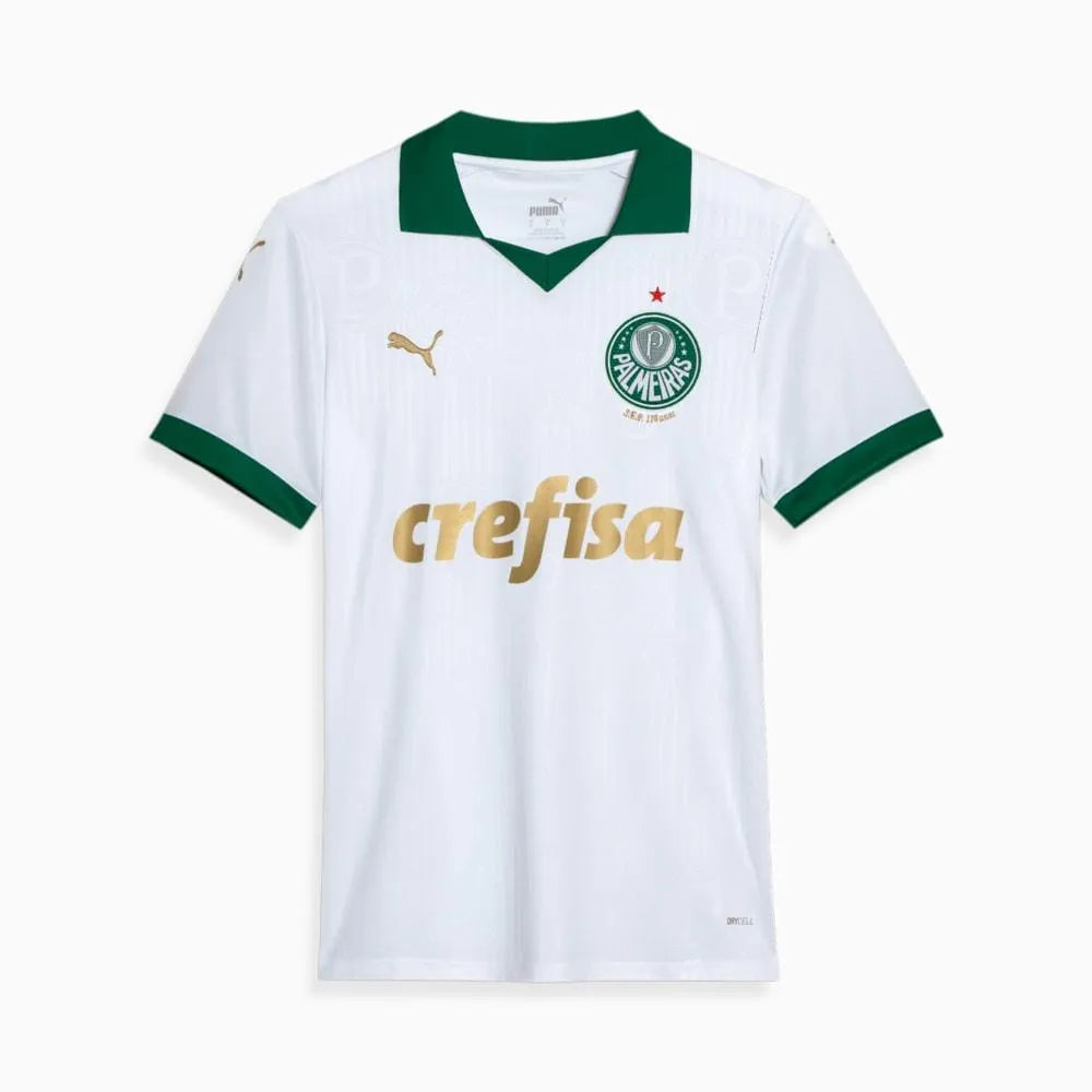 Camisa Feminina Puma Palmeiras 2024/25 II, Camisas de Futebol, PIQUE DE JOGADOR, A segunda camisa do Palmeiras para a temporada 2024/25 mantém a tradição do manto alviverde com um design clássico em branco, detalhes dourados e acabamento sofisticado. Desenvolvida pela Puma, é ideal para quem quer demonstrar sua paixão pelo clube com autenticidade e conforto. Características e Benefícios Produto oficial Puma com selo holográfico de autenticidade Tecnologia dryCELL, que absorve a umidade e mantém o corpo seco