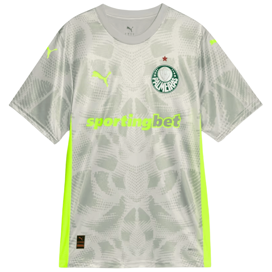 Camisa Goleiro Palmeiras 2025/26 III Jogador, Camisas de Futebol, PIQUE DE JOGADOR, A camisa de goleiro third do Palmeiras para a temporada 2025/26 traz um visual arrojado e inovador, com design exclusivo da linha jogador. Desenvolvida pela Puma, oferece alto desempenho e estilo para quem representa o Verdão com personalidade até debaixo das traves. Características e Benefícios Tecnologia dryCELL: absorve a umidade e mantém o corpo seco Material leve, elástico e respirável para máxima liberdade de movimento