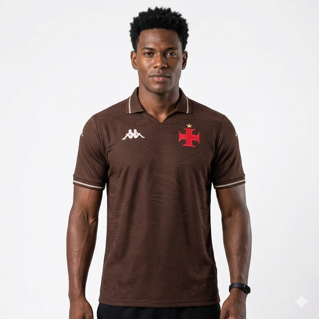 Camisa Kappa Vasco III 25/26 Jogador, Camisa Futebol, Kappa, Descrição do produto Honre a história do Gigante da Colina com a Camisa Vasco III 25/26 s/n Jogador Kappa Masculina! Celebrando os 80 anos de 1945, quando o time se tornou "Campeão de Terra e Mar" ao vencer o Campeonato Carioca invicto e o campeonato de remo, esta camisa do Vasco em tonalidade marrom é um tributo à fibra e à resiliência cruzmaltina. Confeccionada em tecido de alta performance, garante conforto e liberdade de movimento, seja nos gr