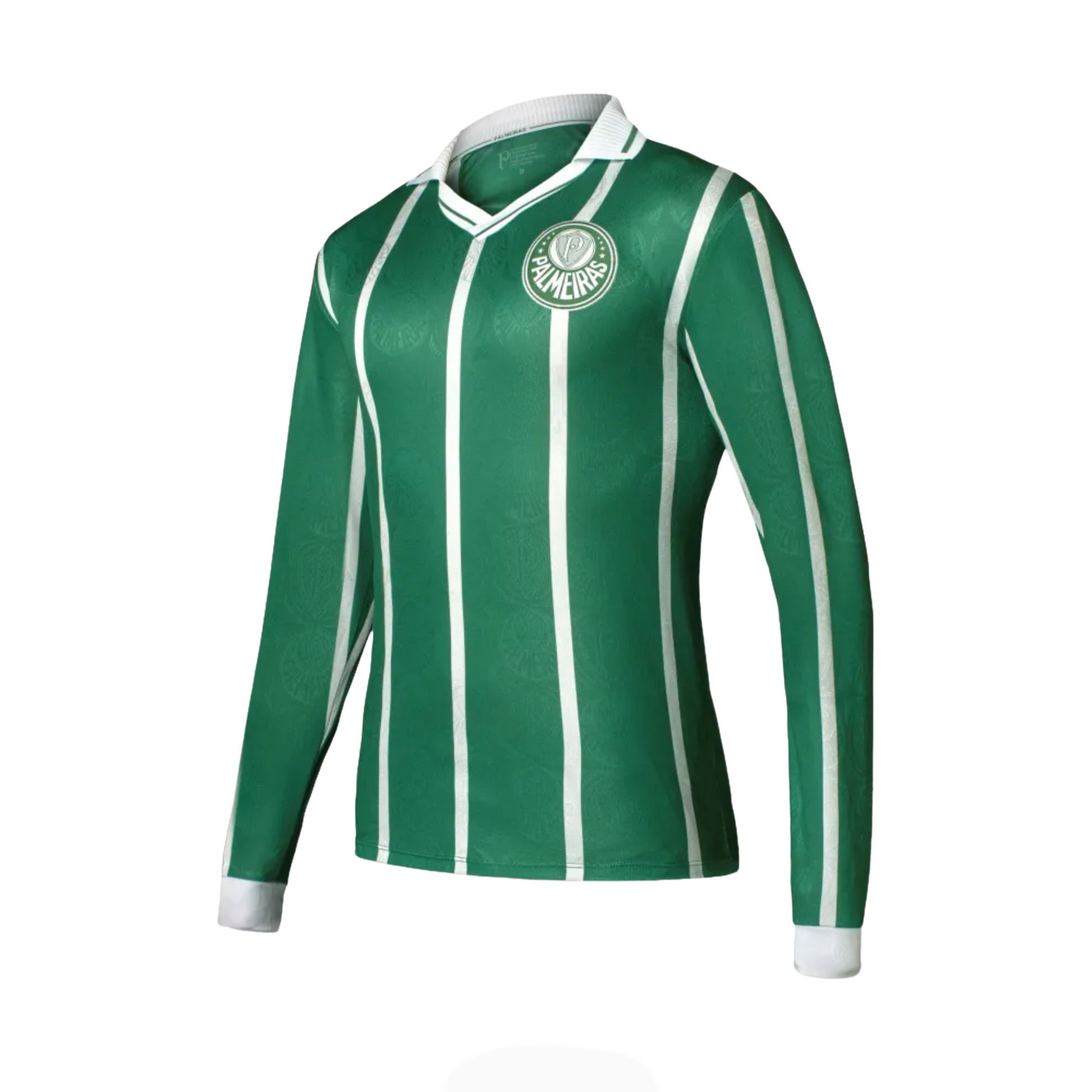 Camisa Masculina Manga Longa Palmeiras 1993, Camisas de Futebol, PIQUE DE JOGADOR, A Camisa Retrô Palmeiras 1993 Manga Longa é uma releitura fiel do manto usado no ano em que o Palmeiras voltou a conquistar títulos e iniciou uma das eras mais vitoriosas da sua história. Com gola polo clássica, listras verticais brancas e o escudo bordado no peito, essa peça homenageia o título histórico do Paulistão de 1993 e agora em versão de manga longa, perfeita para os dias mais frios ou para quem prefere um visual mai