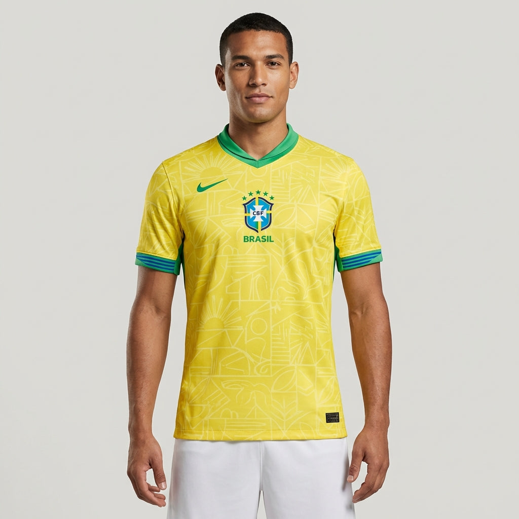 Camisa Nike Brasil 2024 Home, , PIQUE DE JOGADOR, Descrição A nova camisa do Brasil 2024 apresenta uma textura completa que celebra a vasta herança natural e cultural do país e sua história de brilhantismo dentro de campo. Da música às araras, do Pão de Açúcar às praias mundialmente famosas, todo o Brasil está contido neste padrão de textura rica. O escudo está de volta ao seu lugar. Assim como na lendária camisa de 2004, o escudo da CBF está na frente e no centro da nova camisa do Brasil 2024. Benefícios T
