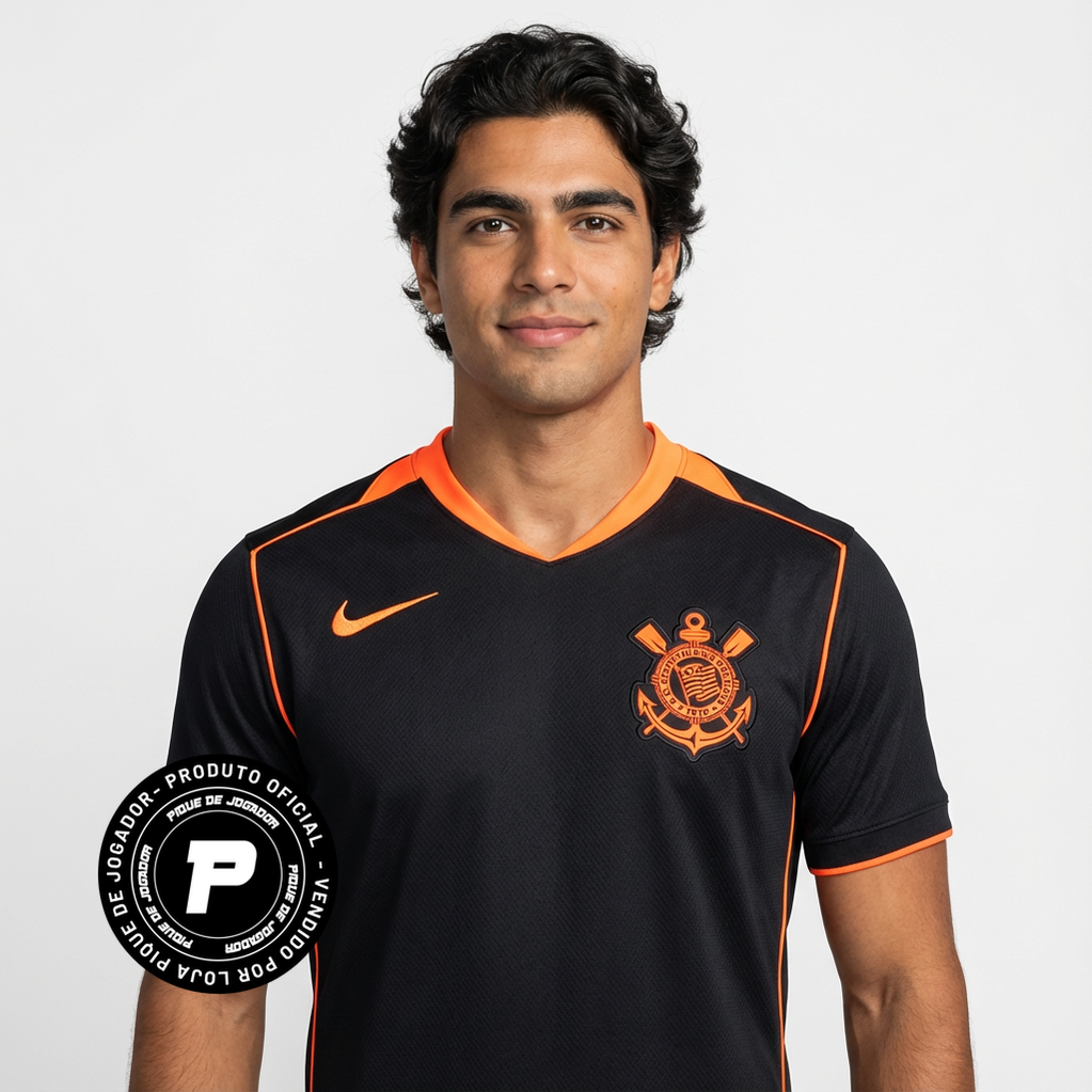 Camisa Nike Corinthians III 25/26, Camisa Futebol, Nike, Ficha do Produto Vista a história com a Camisa Corinthians III 25/26 s/n Torcedor Nike Masculina! Inspirada no emblemático estilo Total 90 da Nike de meados dos anos 2000, década que o Timão fez história conquistando o mundo pela primeira vez, esta terceira camisa do Corinthians é predominantemente preta com detalhes em laranja, combinando tradição e modernidade para os torcedores que buscam um visual estiloso e cheio de atitude. Confeccionada com mat
