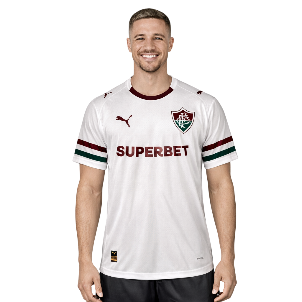 Camisa Puma Fluminense 2026/27 Away Jogador, camisa brasil, PIQUE DE JOGADOR, SOBRE O PRODUTO Mais do que um uniforme, é uma camisa sagrada que protege e impulsiona jogadores e torcida, exaltando a fé inabalável da torcida. Cada detalhe carrega o sentimento tricolor, mostrando que vai além da paixão: é devoção. CARACTERÍSTICAS E BENEFÍCIOS Mesma camisa usada pelos seus ídolos, feita com combinação de tecidos tecnológicos de alta absorção e branding oficial do time. Produto com selo de autenticidade na camis
