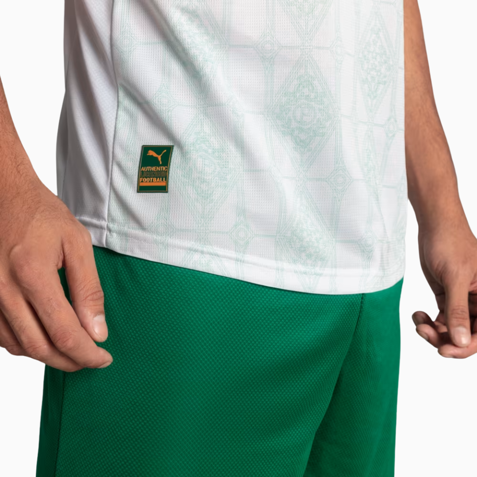 Camisa Puma Palmeiras 2025/26 II Jogador, Camisas de Futebol, PIQUE DE JOGADOR, Não é apenas uma camisa reserva.É o manto que faz ecoar a história, a grandeza e a elegância do Palmeiras em cada costura, em cada detalhe, em cada respiro.A Camisa Palmeiras 2025/26 II Jogador chega com um design limpo, imponente e carregado de tradição: o branco clássico que atravessou gerações, agora renovado com grafismos em relevo que homenageiam os símbolos que construíram a história da Sociedade Esportiva Palmeiras. Na ve