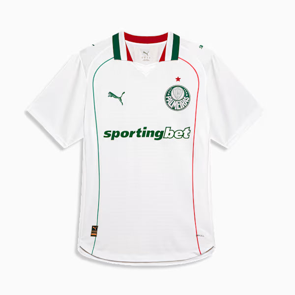 Camisa Puma Palmeiras 26/27 Away Jogador, Camisas de Futebol, PIQUE DE JOGADOR, SOBRE O PRODUTO O novo uniforme resgata a origem do clube mais vitorioso, construindo uma ponte entre o passado e o presente partindo da estética do Velho Continente para o clima de esperança encontrado pelos imigrantes que desembarcaram no Brasil. Com detalhes em homenagem aos ítalo-brasileiros que fundaram o clube em 1914. CARACTERÍSTICAS E BENEFÍCIOS Mesma camisa usada pelos seus ídolos, feita com combinação de tecidos tecnol