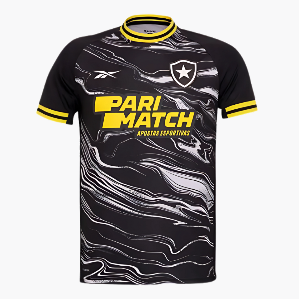 Camisa Reebok Botafogo 2024/25 IV, Camisas de Futebol, PIQUE DE JOGADOR, A camisa IV do Botafogo para a temporada 2024/25 chega com uma proposta ousada e visual marcante. O preto dominante ganha vida com uma estampa marmorizada em branco, criando um efeito visual moderno que transmite força e estilo. Os detalhes em amarelo vibrante na gola, punhos e patrocinador adicionam contraste e atitude à peça. Ideal para quem busca um visual imponente dentro e fora das arquibancadas, mantendo viva a identidade do Glor