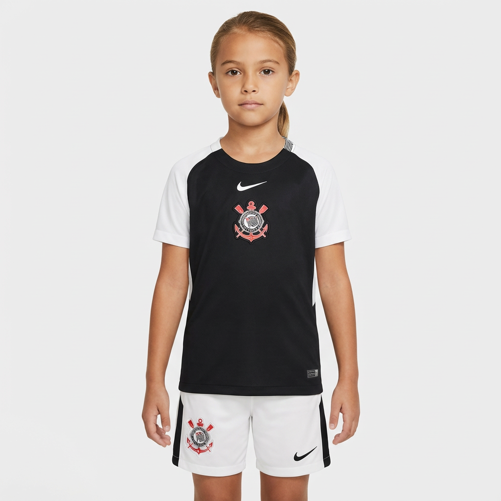Conjunto Infantil Feminino Nike Corinthians 2025/26 II, Camisas de Futebol, PIQUE DE JOGADOR, Essa não é qualquer camisa.É a armadura dos jogadores que carregam o peso da história do Corinthians em campo.A versão jogador 2025/26 chega como uma homenagem direta ao Mundial de 2000 — o título que fez o mundo respeitar o Timão, o dia em que a Fiel calou o planeta com raça, suor e coração. Com design que resgata o branco clássico com mangas pretas, cada detalhe dessa camisa foi feito pra honrar aquele time que e