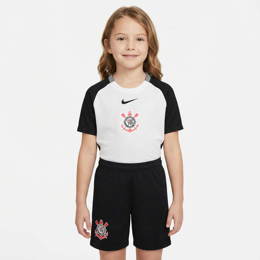 Conjunto Infantil Feminino Nike Corinthians 2025/26 III, Camisas de Futebol, PIQUE DE JOGADOR, Essa não é qualquer camisa.É a armadura dos jogadores que carregam o peso da história do Corinthians em campo.A versão jogador 2025/26 chega como uma homenagem direta ao Mundial de 2000 — o título que fez o mundo respeitar o Timão, o dia em que a Fiel calou o planeta com raça, suor e coração. Com design que resgata o branco clássico com mangas pretas, cada detalhe dessa camisa foi feito pra honrar aquele time que 