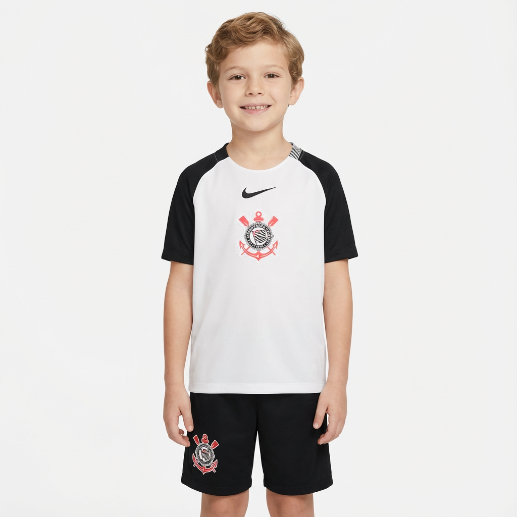 Conjunto Infantil Masculino Nike Corinthians 2025/26 I, Camisas de Futebol, PIQUE DE JOGADOR, Essa não é qualquer camisa.É a armadura dos jogadores que carregam o peso da história do Corinthians em campo.A versão jogador 2025/26 chega como uma homenagem direta ao Mundial de 2000 — o título que fez o mundo respeitar o Timão, o dia em que a Fiel calou o planeta com raça, suor e coração. Com design que resgata o branco clássico com mangas pretas, cada detalhe dessa camisa foi feito pra honrar aquele time que e
