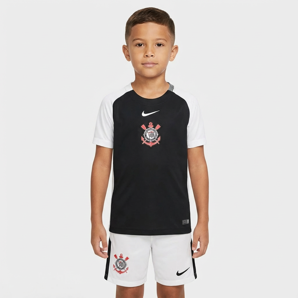 Conjunto Infantil Masculino Nike Corinthians 2025/26 II, Camisas de Futebol, PIQUE DE JOGADOR, Essa não é qualquer camisa.É a armadura dos jogadores que carregam o peso da história do Corinthians em campo.A versão jogador 2025/26 chega como uma homenagem direta ao Mundial de 2000 — o título que fez o mundo respeitar o Timão, o dia em que a Fiel calou o planeta com raça, suor e coração. Com design que resgata o branco clássico com mangas pretas, cada detalhe dessa camisa foi feito pra honrar aquele time que 