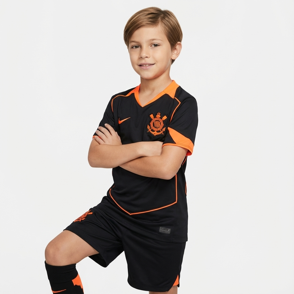 Conjunto Infantil Masculino Nike Corinthians 2025/26 III, Camisas de Futebol, PIQUE DE JOGADOR, Essa não é qualquer camisa.É a armadura dos jogadores que carregam o peso da história do Corinthians em campo.A versão jogador 2025/26 chega como uma homenagem direta ao Mundial de 2000 — o título que fez o mundo respeitar o Timão, o dia em que a Fiel calou o planeta com raça, suor e coração. Com design que resgata o branco clássico com mangas pretas, cada detalhe dessa camisa foi feito pra honrar aquele time que