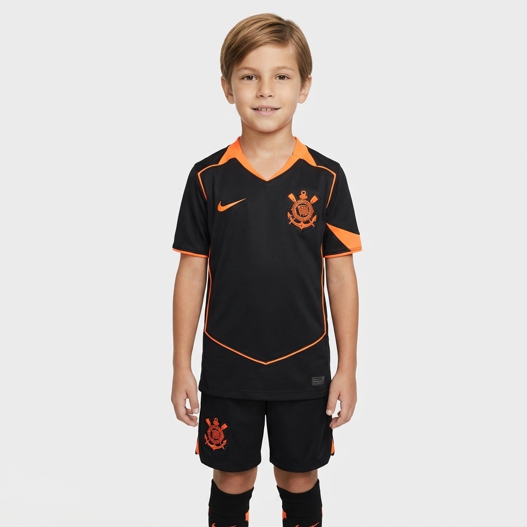 Conjunto Infantil Masculino Nike Corinthians 2025/26 III, Camisas de Futebol, PIQUE DE JOGADOR, Essa não é qualquer camisa.É a armadura dos jogadores que carregam o peso da história do Corinthians em campo.A versão jogador 2025/26 chega como uma homenagem direta ao Mundial de 2000 — o título que fez o mundo respeitar o Timão, o dia em que a Fiel calou o planeta com raça, suor e coração. Com design que resgata o branco clássico com mangas pretas, cada detalhe dessa camisa foi feito pra honrar aquele time que