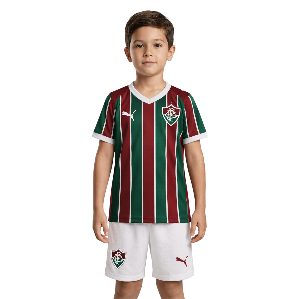 Conjunto Infantil Puma Fluminense 2026/27 Home, Camisas de Futebol, PIQUE DE JOGADOR, SOBRE O PRODUTO Mais do que um uniforme, é uma camisa sagrada que protege e impulsiona jogadores e torcida, exaltando a fé inabalável da torcida. Cada detalhe carrega o sentimento tricolor, mostrando que vai além da paixão: é devoção. CARACTERÍSTICAS E BENEFÍCIOS dryCELL: Tecnologia de desempenho projetada para absorver a umidade do corpo, mantendo-o confortável e seco DETALHES Regular fit Estampa tricolor sublimada na fre