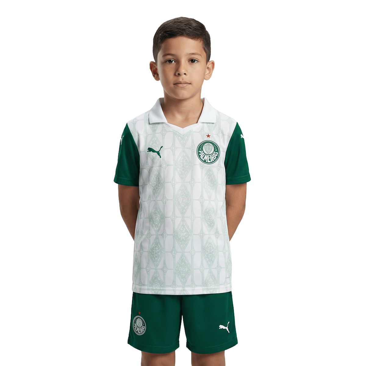 Conjunto Infantil Puma Palmeiras 2025/26 II, Camisas de Futebol, PIQUE DE JOGADOR, O Conjunto Infantil Palmeiras II 2025/26 da Puma é ideal para os pequenos demonstrarem o amor pelo Verdão com estilo e autenticidade. Com design moderno em branco e detalhes em verde, o uniforme oficial traz conforto, leveza e personalidade para o dia a dia e os dias de jogo. Características e Benefícios Tecnologia dryCELL, que afasta o suor da pele e mantém a criança seca e confortável Conjunto leve e respirável, ideal para 