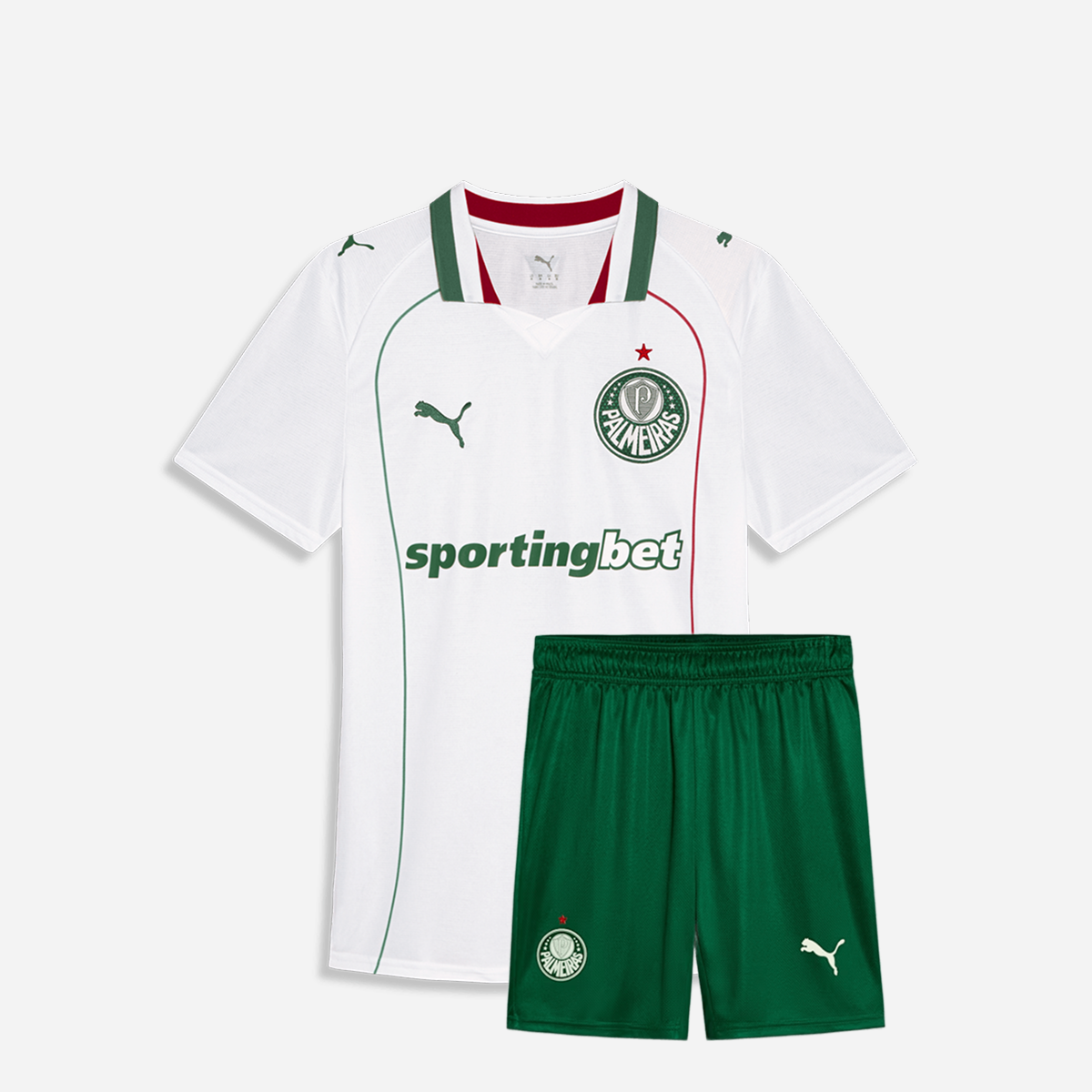 Conjunto Infantil Puma Palmeiras 2026/27 II, Camisas de Futebol, PIQUE DE JOGADOR, O Conjunto Infantil Palmeiras II 2025/26 da Puma é ideal para os pequenos demonstrarem o amor pelo Verdão com estilo e autenticidade. Com design moderno em branco e detalhes em verde, o uniforme oficial traz conforto, leveza e personalidade para o dia a dia e os dias de jogo. Características e Benefícios Tecnologia dryCELL, que afasta o suor da pele e mantém a criança seca e confortável Conjunto leve e respirável, ideal para 
