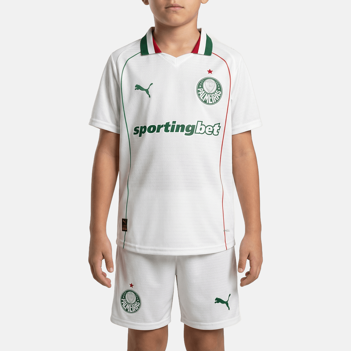 Conjunto Infantil Puma Palmeiras 2026/27 II, Camisas de Futebol, PIQUE DE JOGADOR, O Conjunto Infantil Palmeiras II 2025/26 da Puma é ideal para os pequenos demonstrarem o amor pelo Verdão com estilo e autenticidade. Com design moderno em branco e detalhes em verde, o uniforme oficial traz conforto, leveza e personalidade para o dia a dia e os dias de jogo. Características e Benefícios Tecnologia dryCELL, que afasta o suor da pele e mantém a criança seca e confortável Conjunto leve e respirável, ideal para 