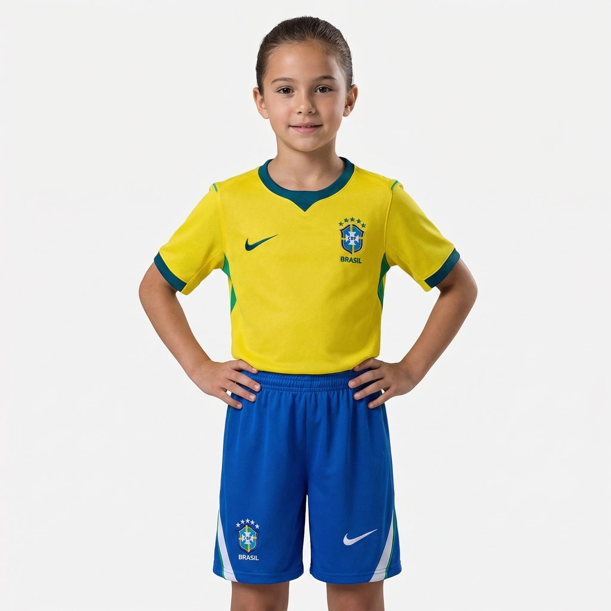 Conjunto Infantil Brasil Feminina 2026, Kit Infantil Brasil Reserva 26/27 - Copa do Mundo, PIQUE DE JOGADOR, O Conjunto Infantil Brasil Feminina 2026 foi desenvolvido para as pequenas torcedoras que querem vestir as cores da Seleção Brasileira com orgulho e estilo. Inspirado no uniforme utilizado pela equipe nas competições internacionais de 2026, o conjunto combina tradição, conforto e identidade esportiva. O kit é composto por camisa e shorts, trazendo o clássico visual que representa a história do futebo